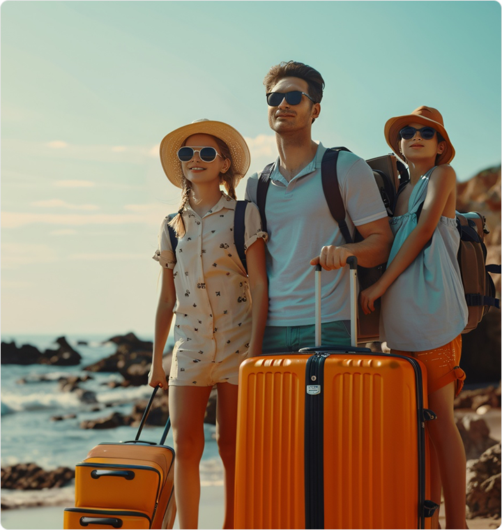 Family travelling with luggage on the beach