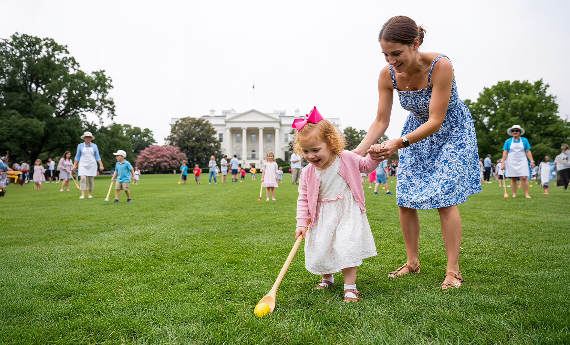 toddler girl in pink bow rolling yellow egg with wooden spoon on white house south lawn during annual easter egg roll event