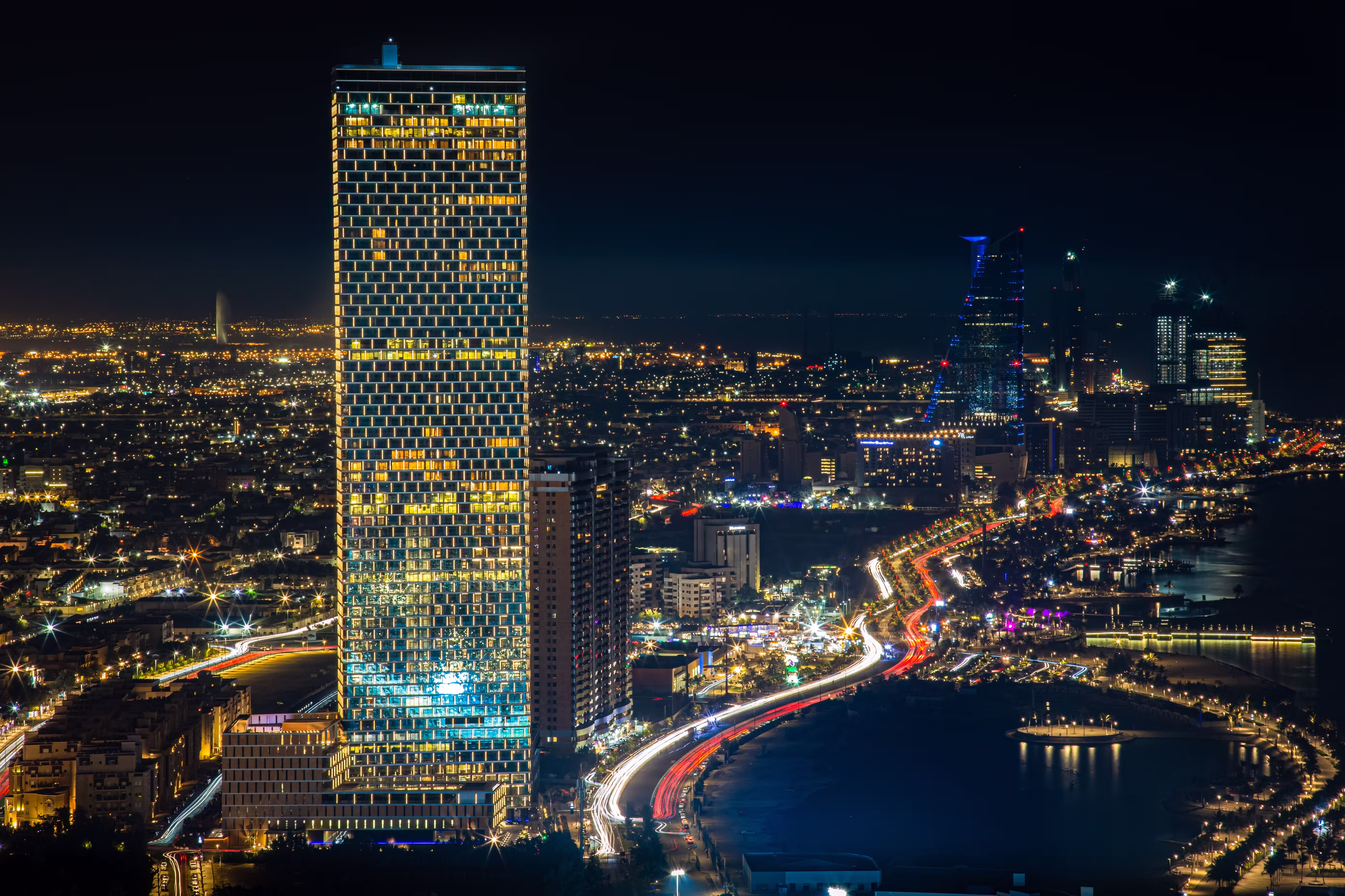 Jeddah city buildings at night