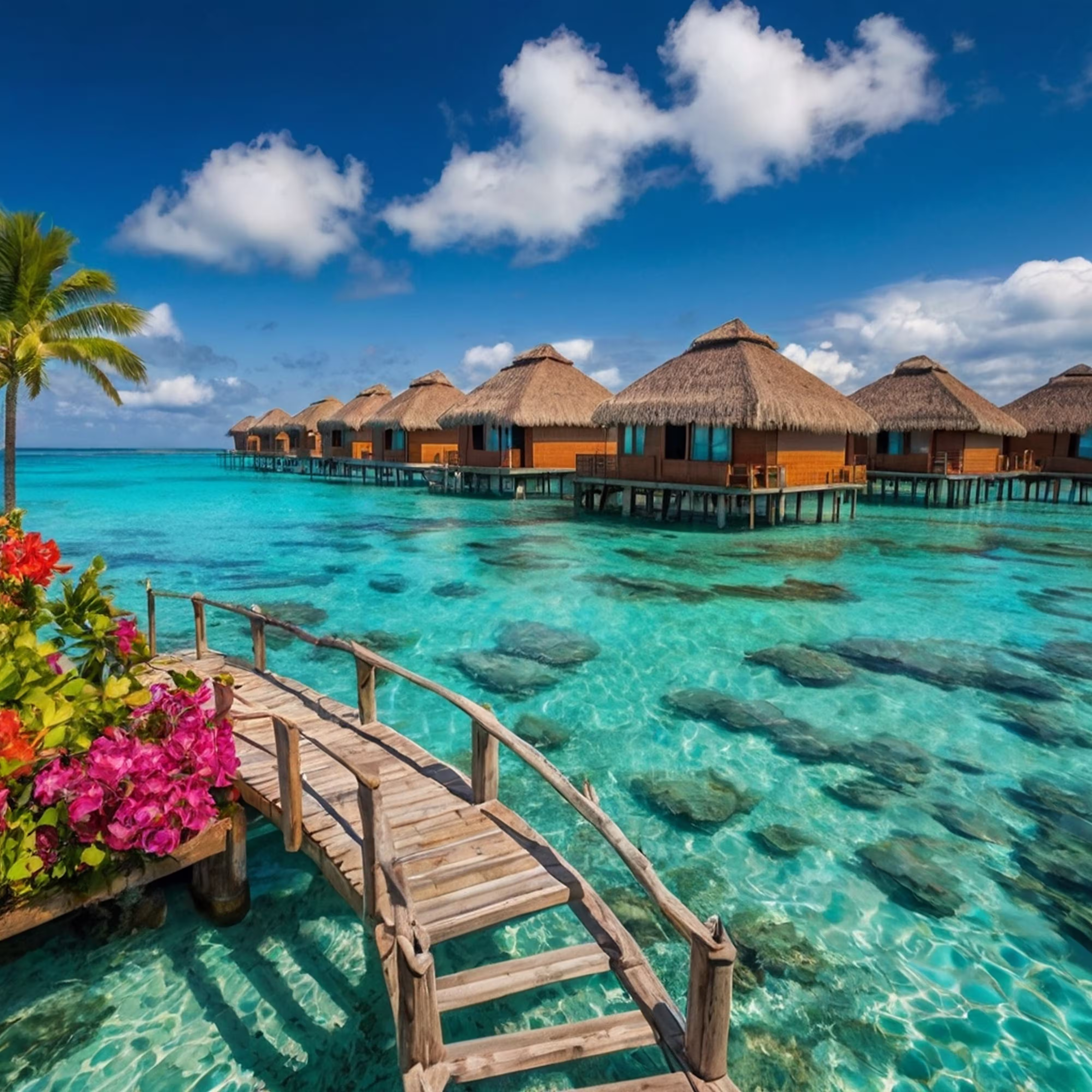 beach scene with wooden walkway leading beach hut