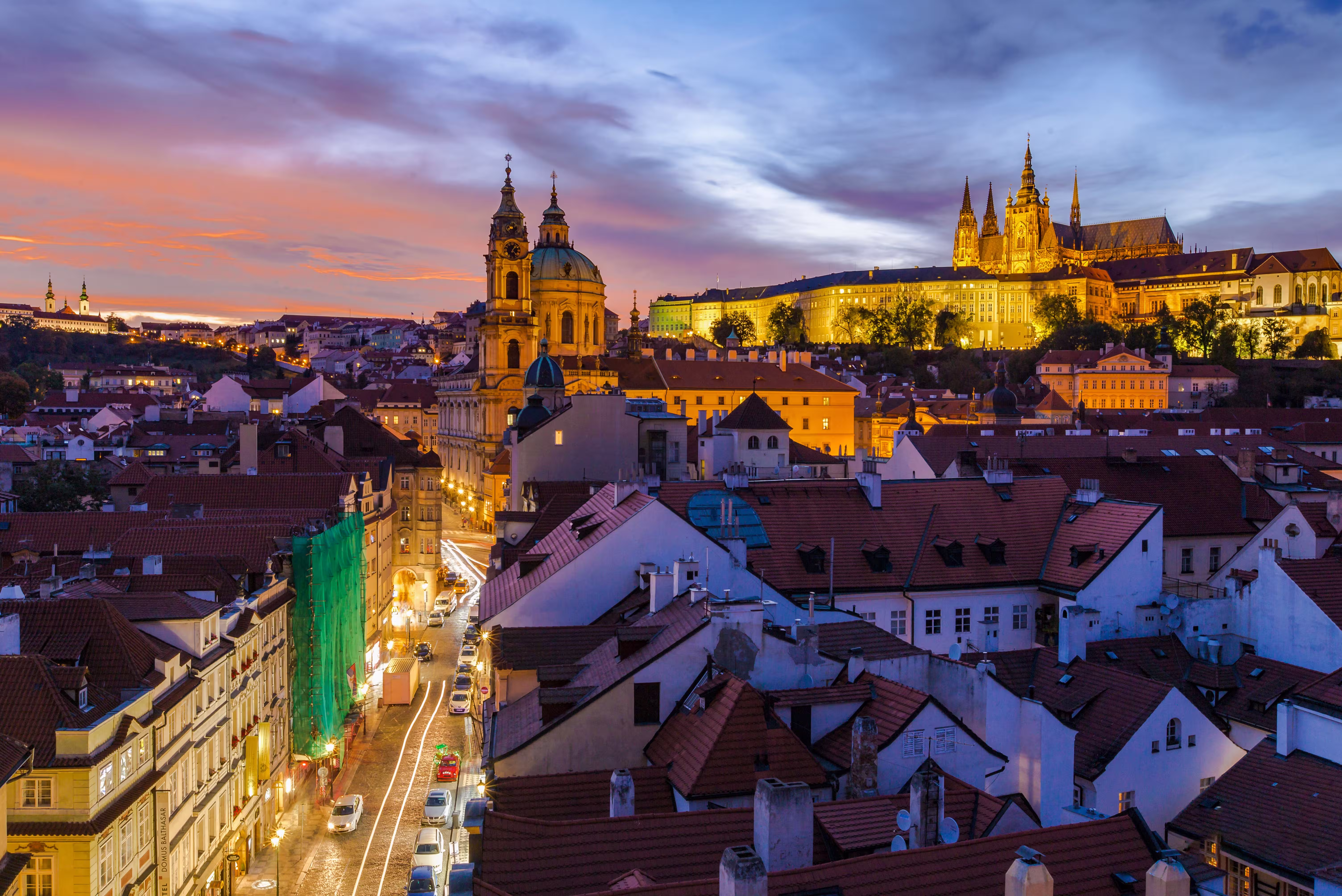 Illuminated buildings in a Croatian urban area at night