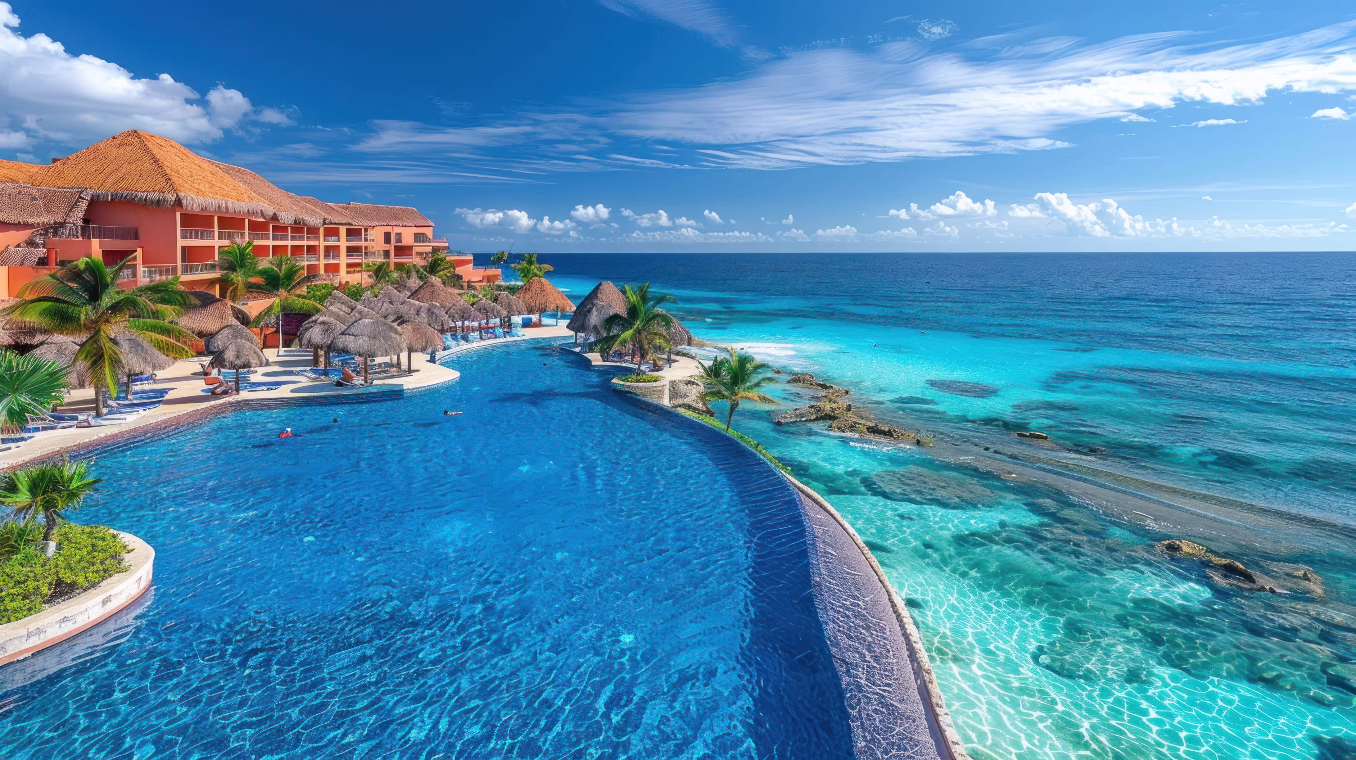 Cancun beach resorts overlooking the blue Caribbean Sea