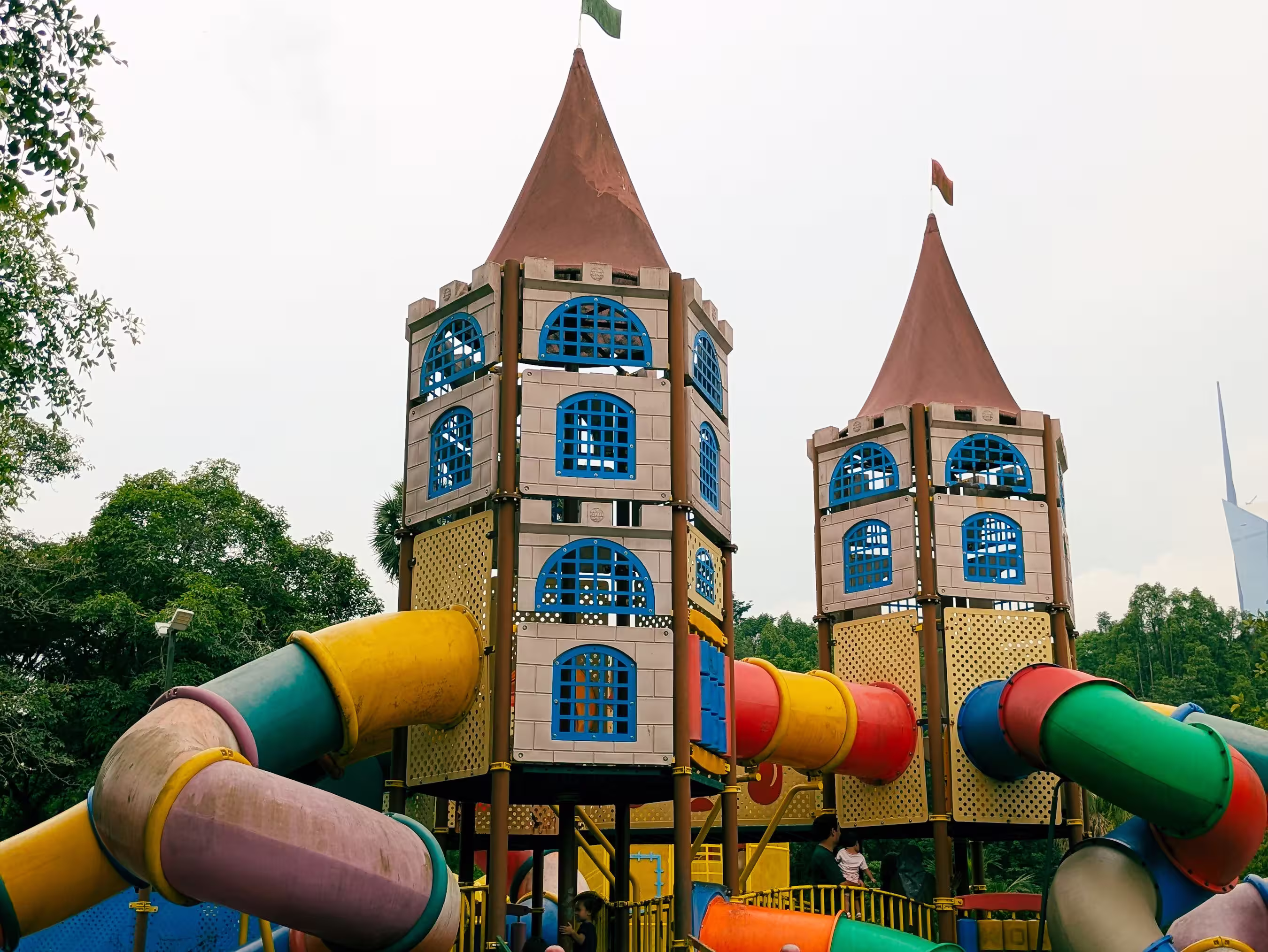 Colorful outdoor playground towers with slides