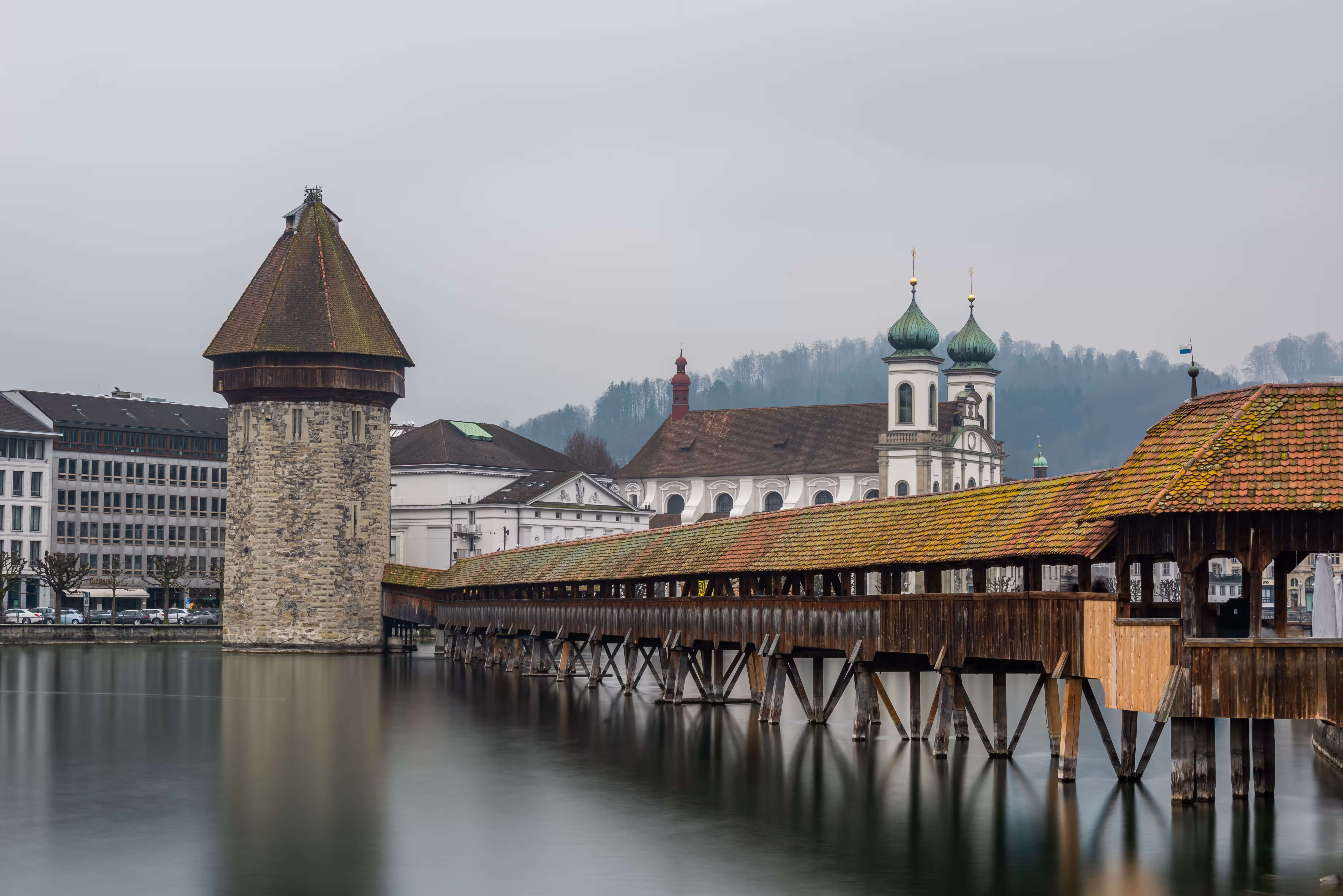 Lucerne Jesuit Church surrounded by water