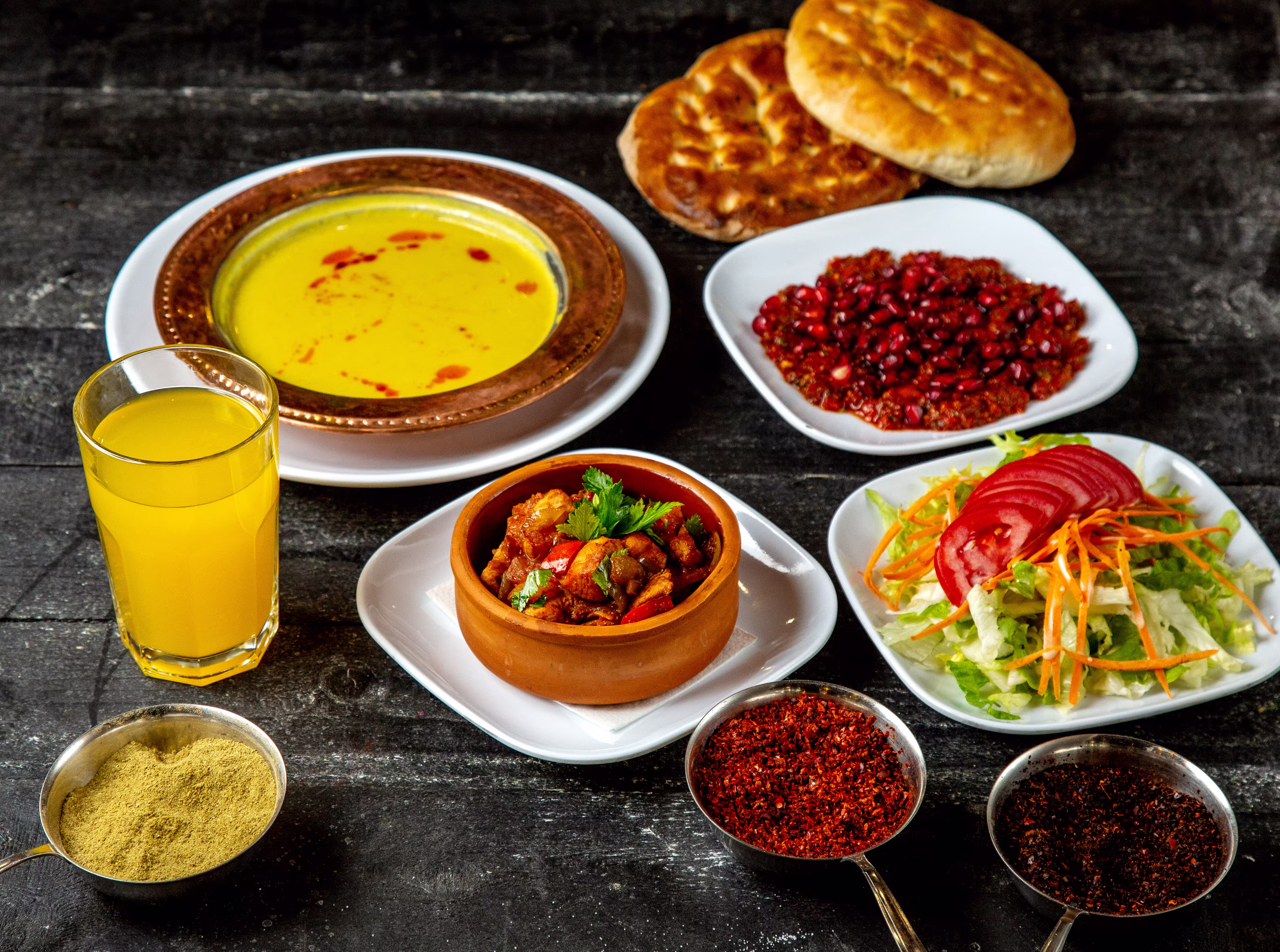 meat-with-vegetables-salad-lentil-soup-pomegranate