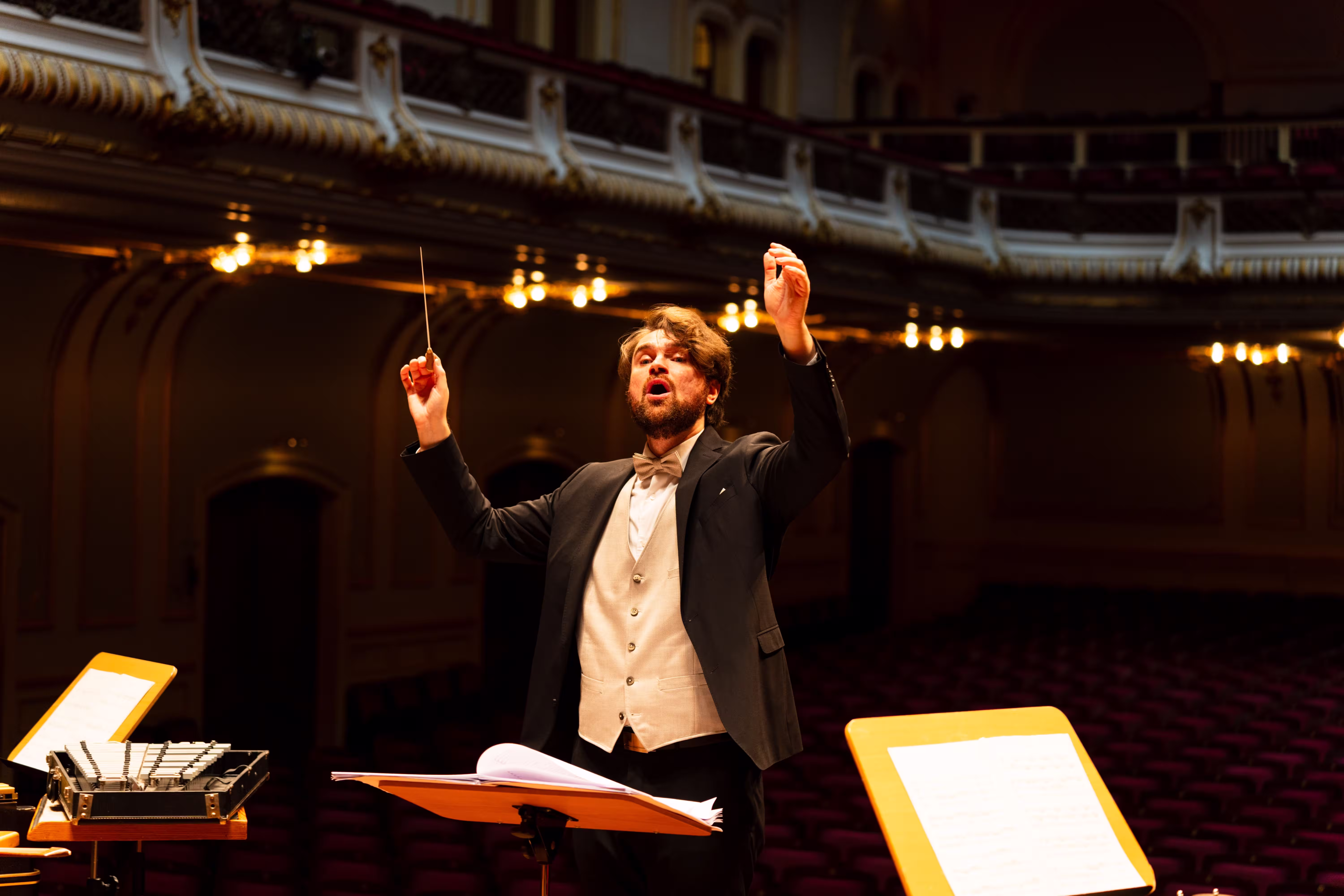orchestra conductor leading performance