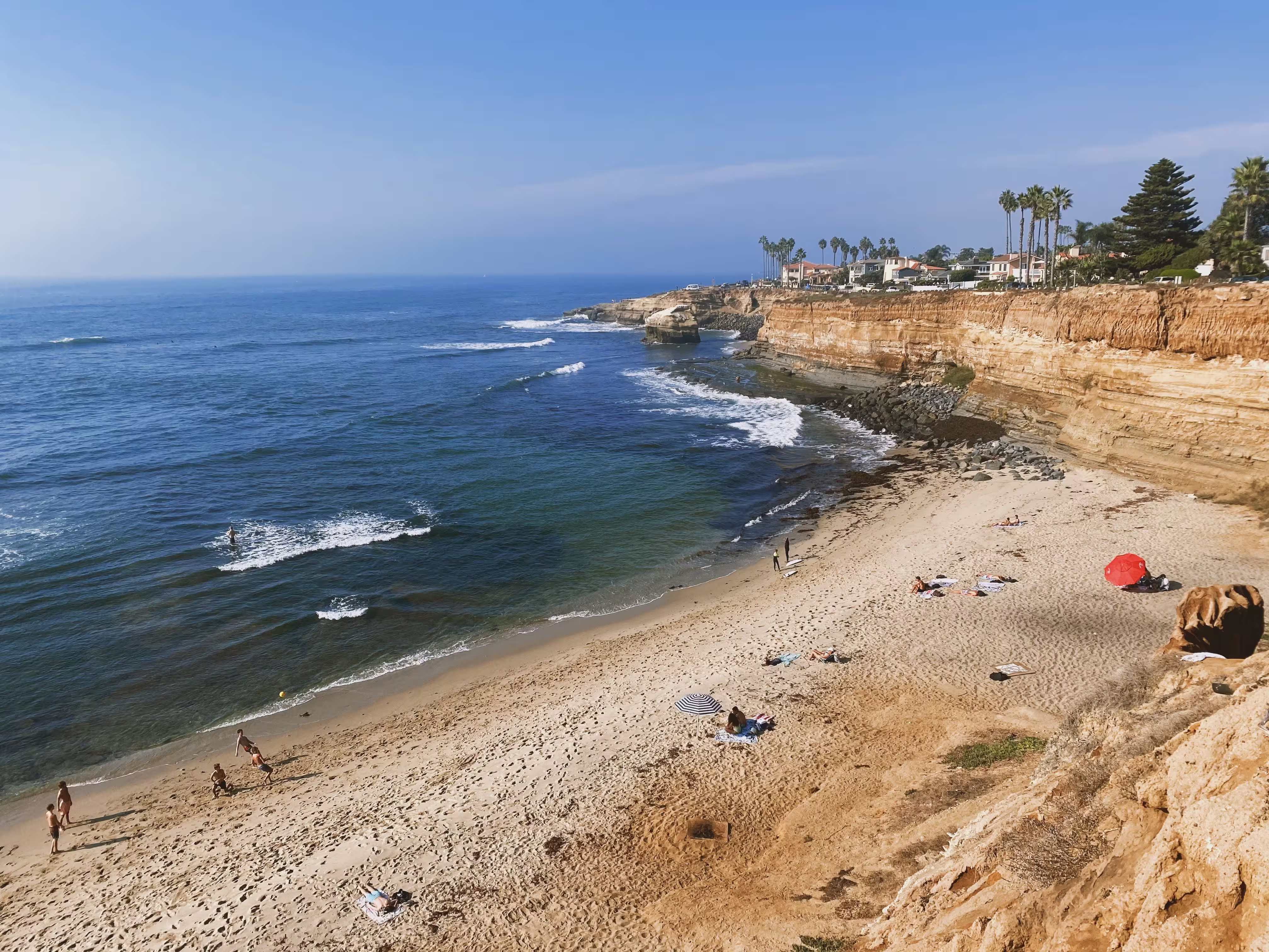 Beach under blue sky in San Diego