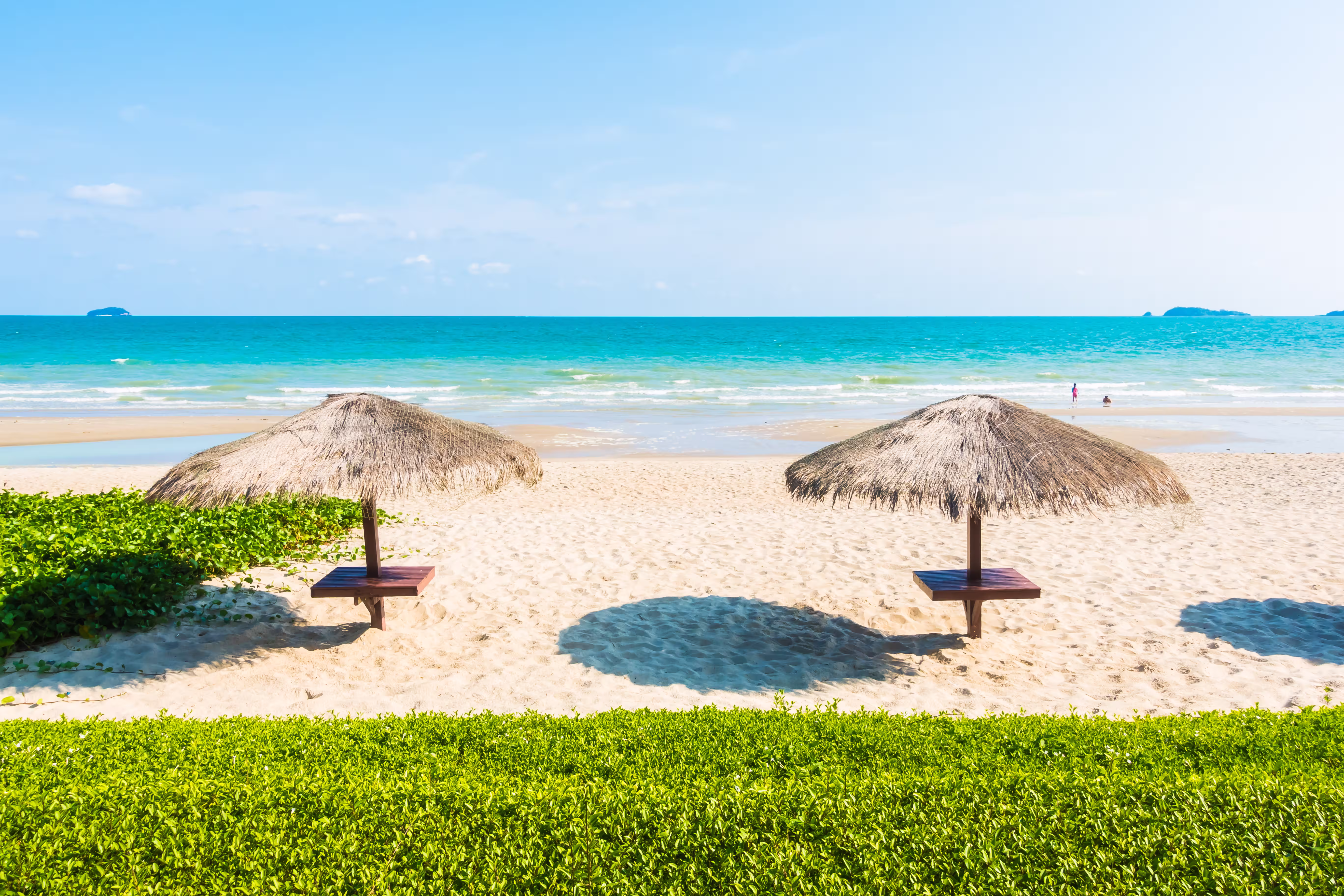 Beach umbrellas along Cancun's white-sand beach