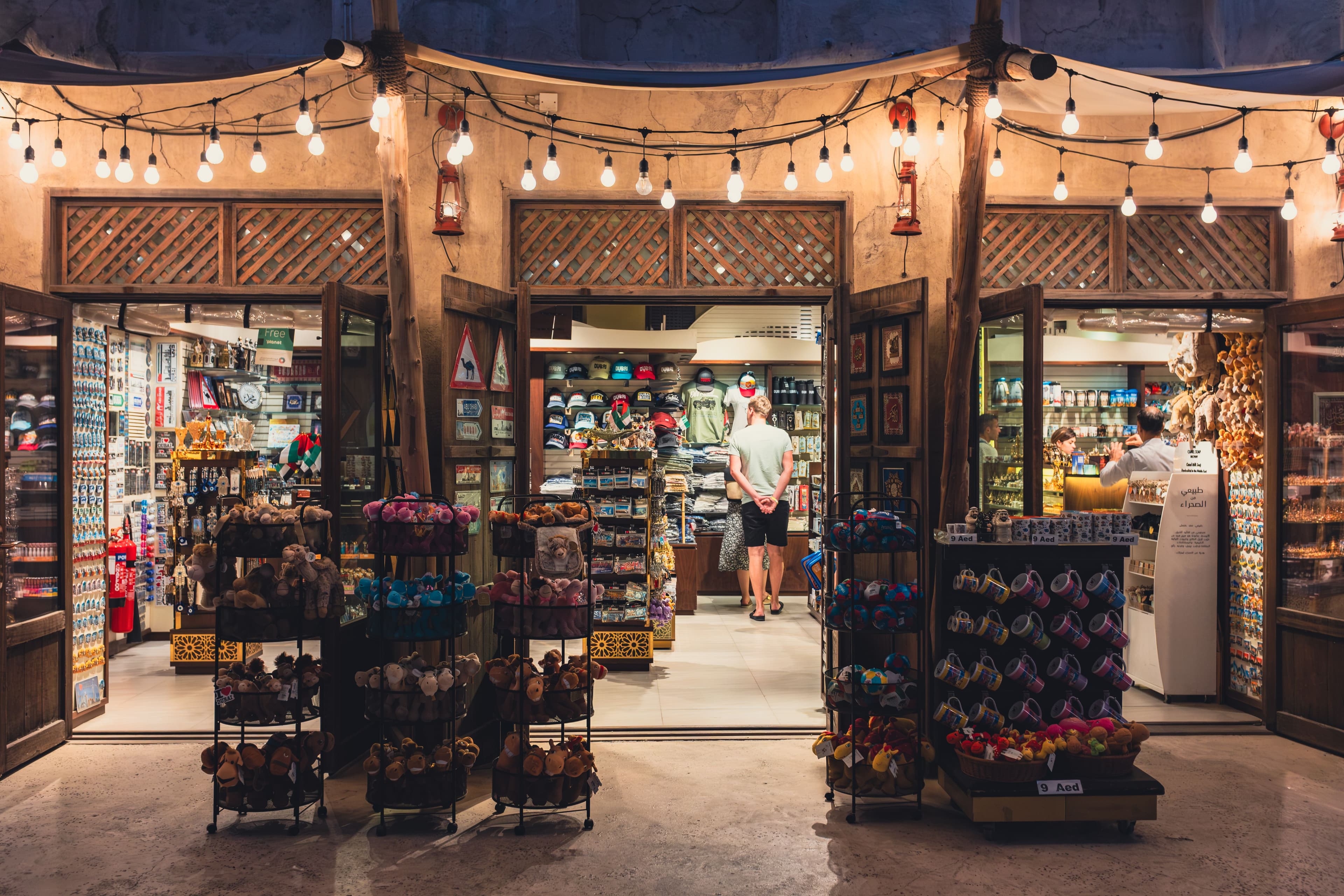 Illuminated souvenir shop in Dubai